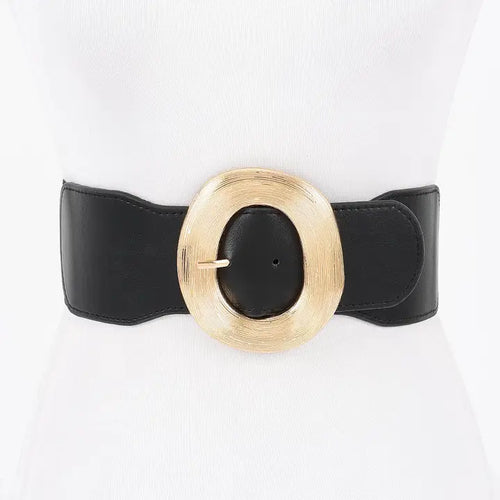 Wide Elastic Waist Belt with Metallic Halo Buckle
