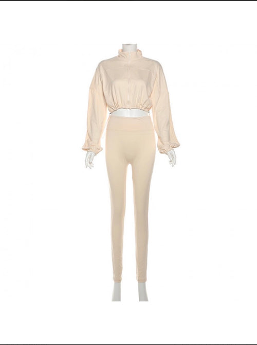 drawstring zipper cropped skinny pants set women casual set
