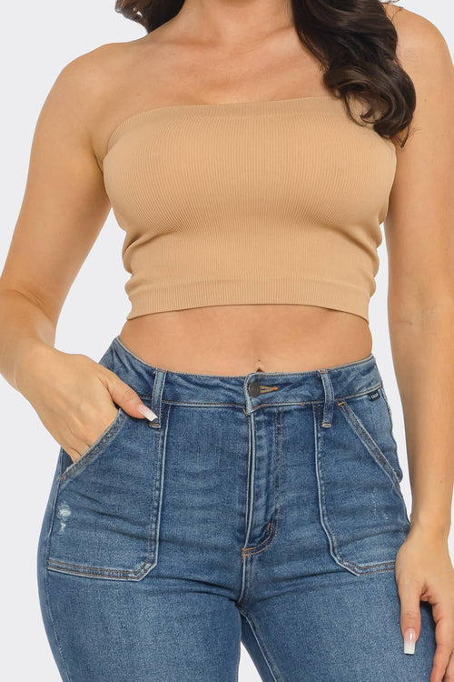 Women strapless ribbed bandeau crop top stylish look