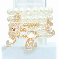 Cream Pearl Bead Bracelet Set Charm Accents Women Set