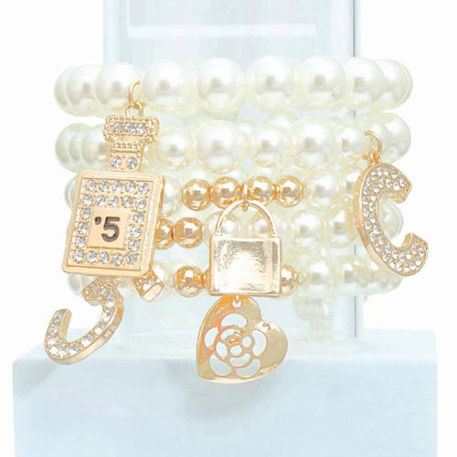 cream pearl bead bracelet set charm accents women jewelry