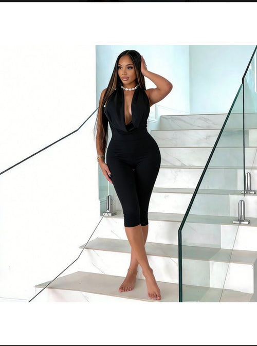 backless halter capri jumpsuit women black summer outfit