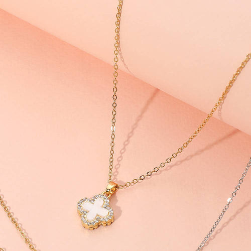 Stylish reversible quatrefoil pendant necklace close up