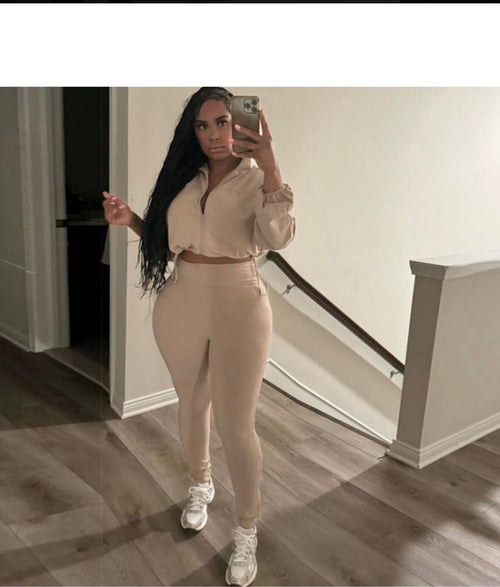 drawstring zipper cropped skinny pants set women outfit front view