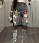 Multi-Patch Distressed Denim Shorts