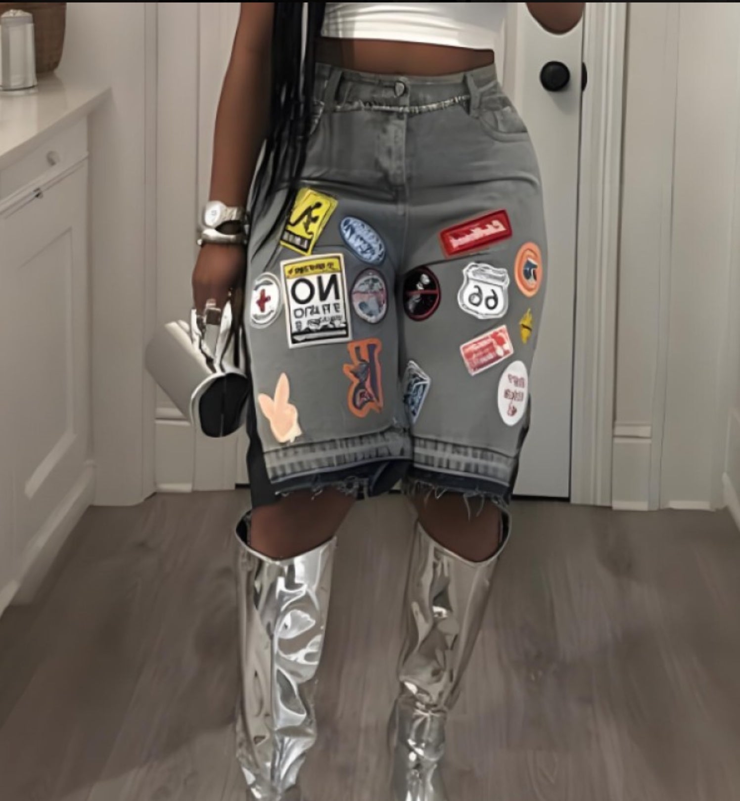 Multi-Patch Distressed Denim Shorts