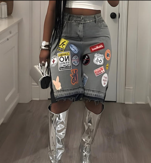 Multi-Patch Distressed Denim Shorts