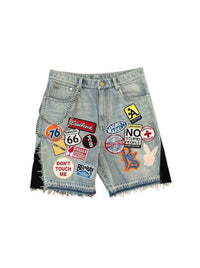 Multi-Patch Distressed Denim Shorts