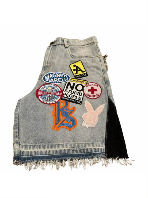 Multi-Patch Distressed Denim Shorts