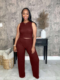 Ribbed Wide Leg Set Women Lounge Outfit