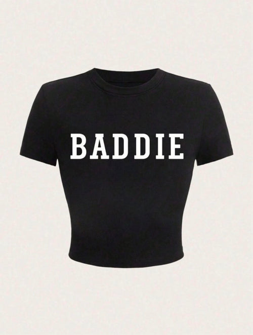 Woman wearing baddie crop tee