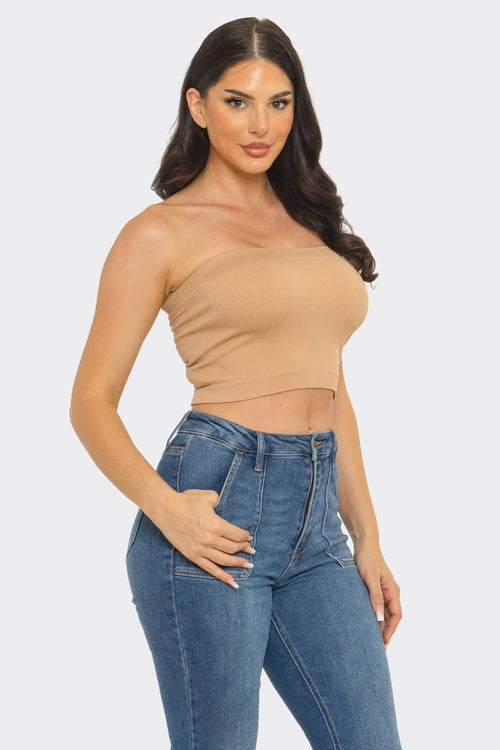 Women strapless ribbed bandeau crop top stylish look