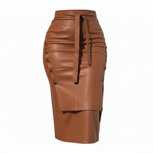 Coffee Brown Lace-Up Leather Bodycon Skirt