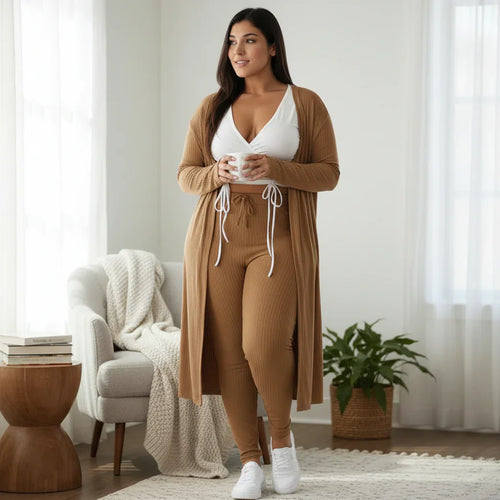 Plus Size Ribbed Cardigan & Leggings Matching Set