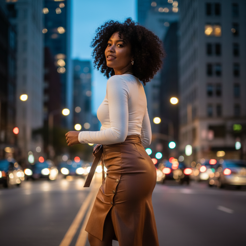 Coffee Brown Lace-Up Leather Bodycon Skirt