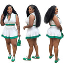 Sporty skirt set women matching outfit featuring a cropped zip top and pleated skirt in white and green.