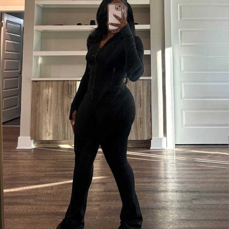 Ribbed Knit Matching Set Zip Front Women Stylish Outfit