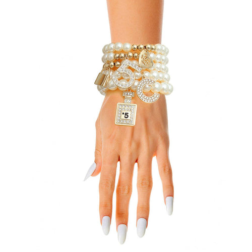 cream pearl bead bracelet set charm accents elegant style