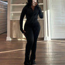 ribbed knit matching set zip front women outfit front view