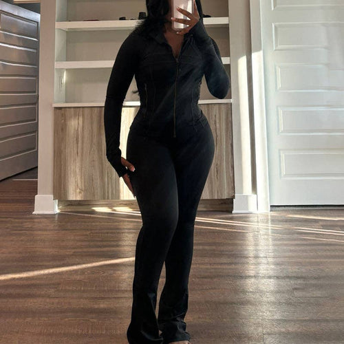 ribbed knit matching set zip front women outfit front view