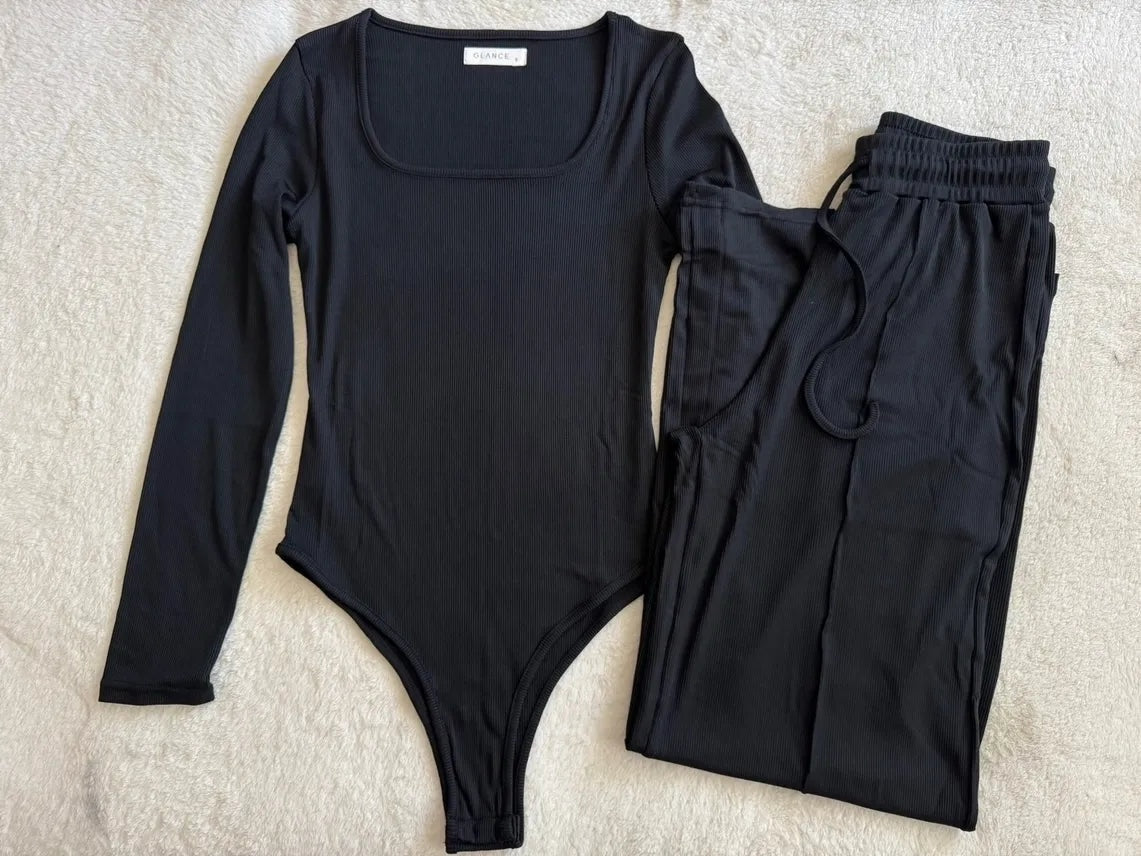 Miracle E Fashions Ribbed Long Sleeve Bodysuit And Lounge Pant Set