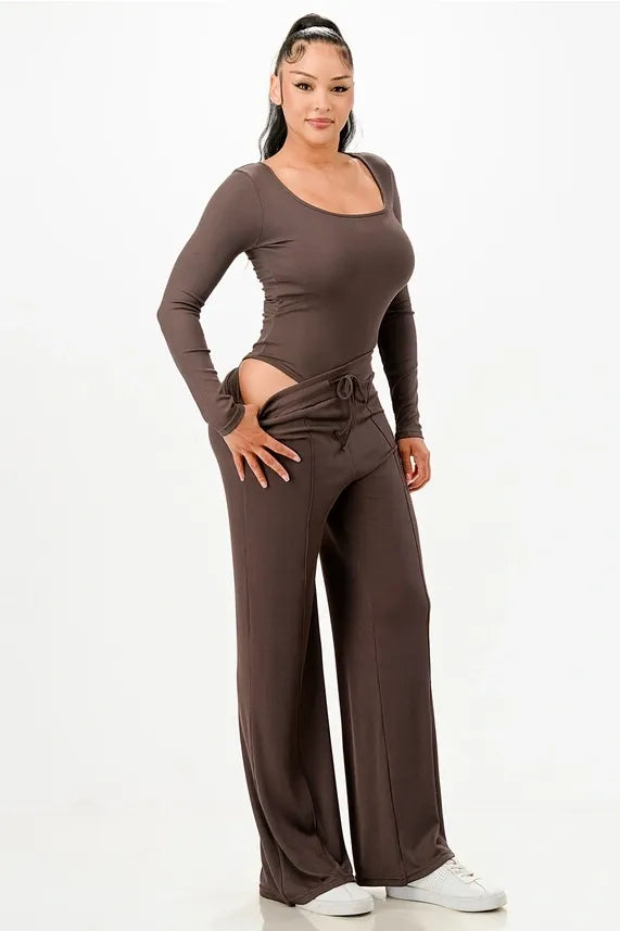 Ribbed Lounge Set with Square Neck Bodysuit